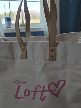 LOFT Canvas Tote in Cream with Pink Logo and Tan Handles